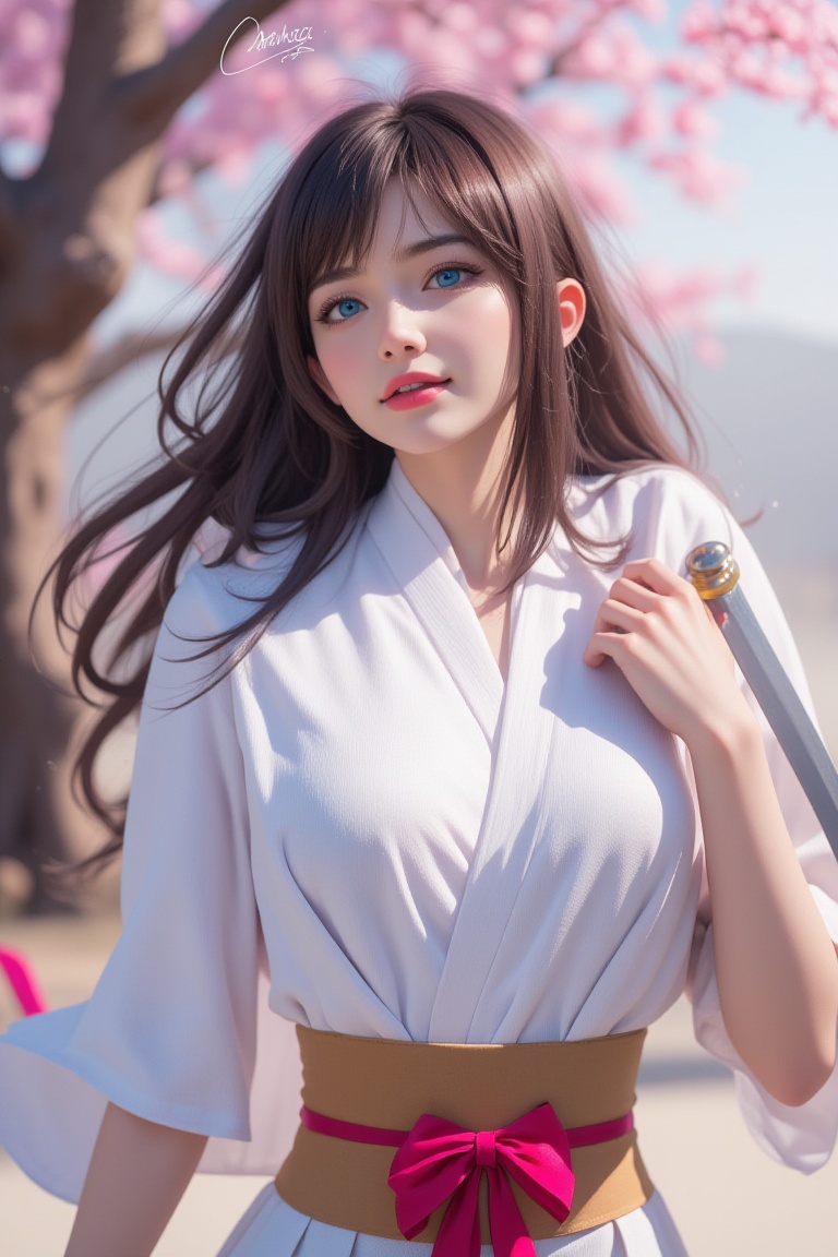 A girl with long dark brown hair,  wearing a white kimono,  adorned with a brown belt and a red bow. She is holding a swor...