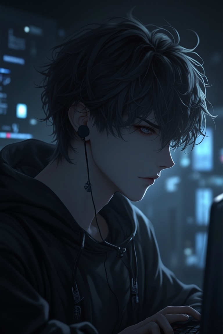 Anime style,  exquisite male character in hacker mode,  mysterious atmosphere on Tensor.Art