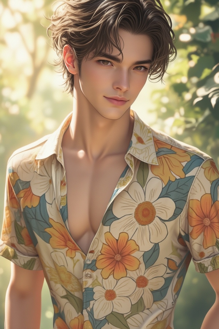 Anime style,  exquisite male character,  wearing a vibrant flowers shirt on Tensor.Art