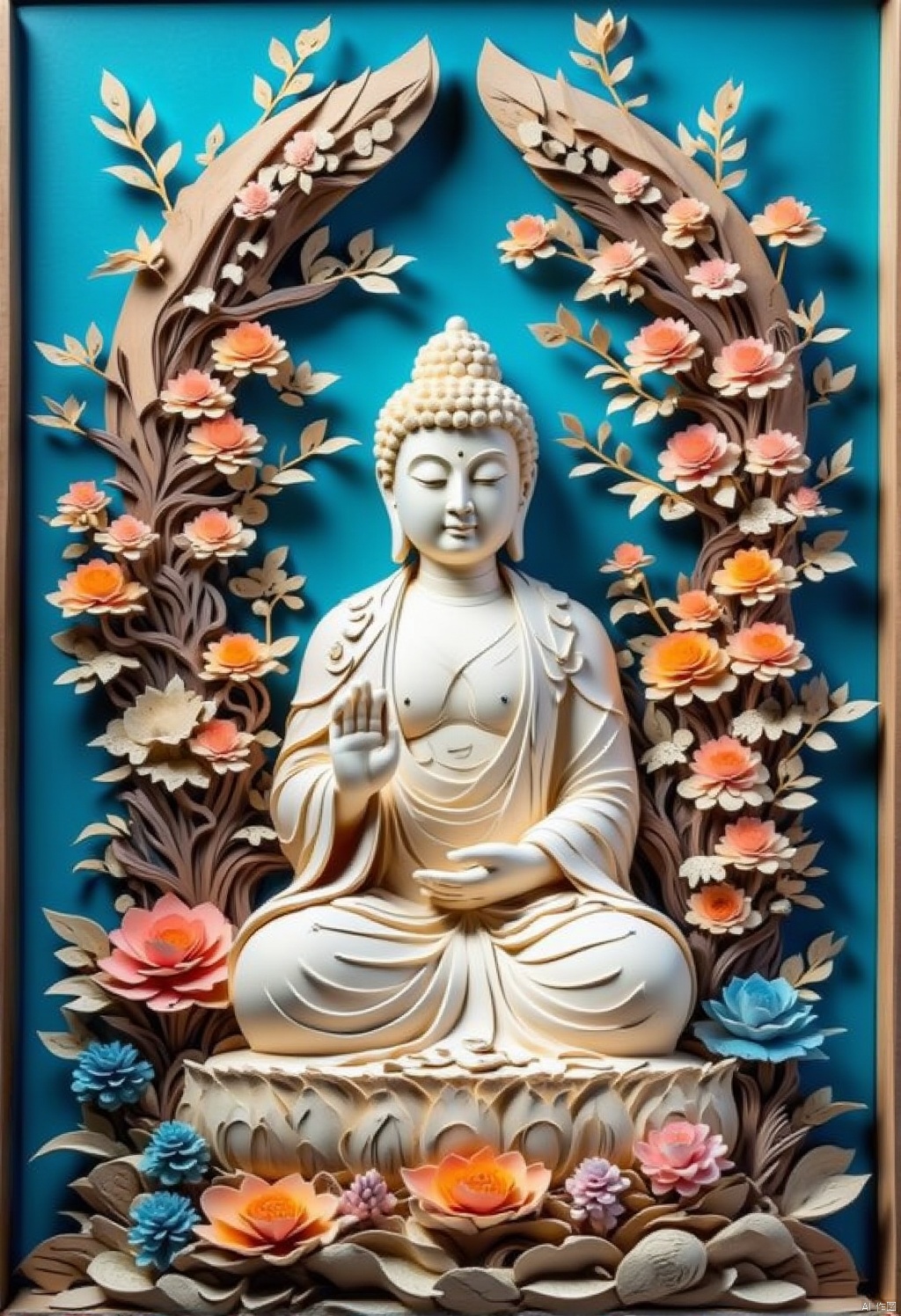 The art of decoupage
a medium-sized buddha sits in the center of the frame
adorned with a white robe and a golden crown on his head. The Buddha's eyes are closed
and his hands are clasped in front of him. The background is a vibrant shade of blue
with a wreath of pink
orange
and blue flowers surrounding the Buddha
adding a pop of color to the scene.