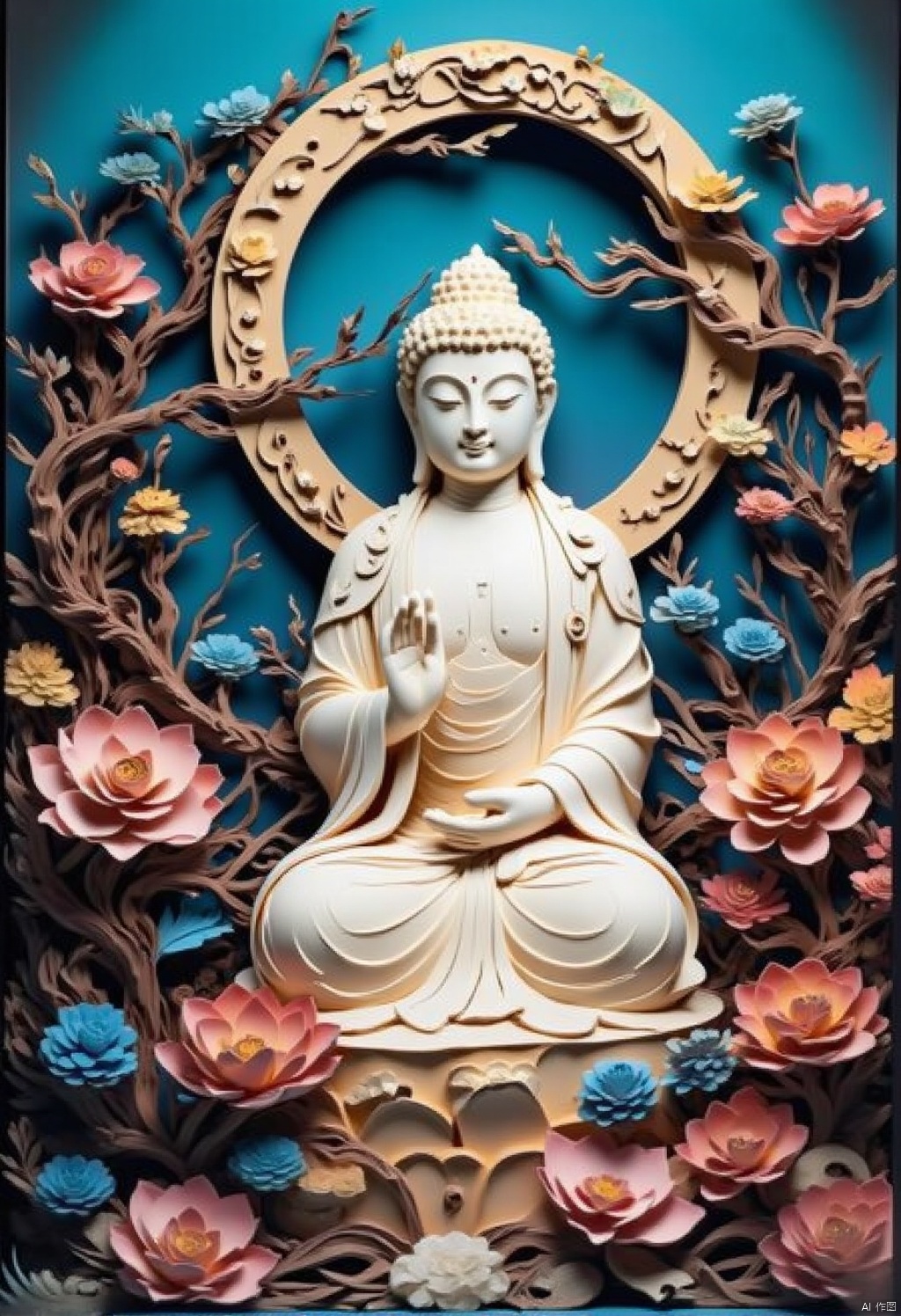 The art of decoupage
a medium-sized buddha sits in the center of the frame
adorned with a white robe and a golden crown on his head. The Buddha's eyes are closed
and his hands are clasped in front of him. The background is a vibrant shade of blue
with a wreath of pink
orange
and blue flowers surrounding the Buddha
adding a pop of color to the scene.
