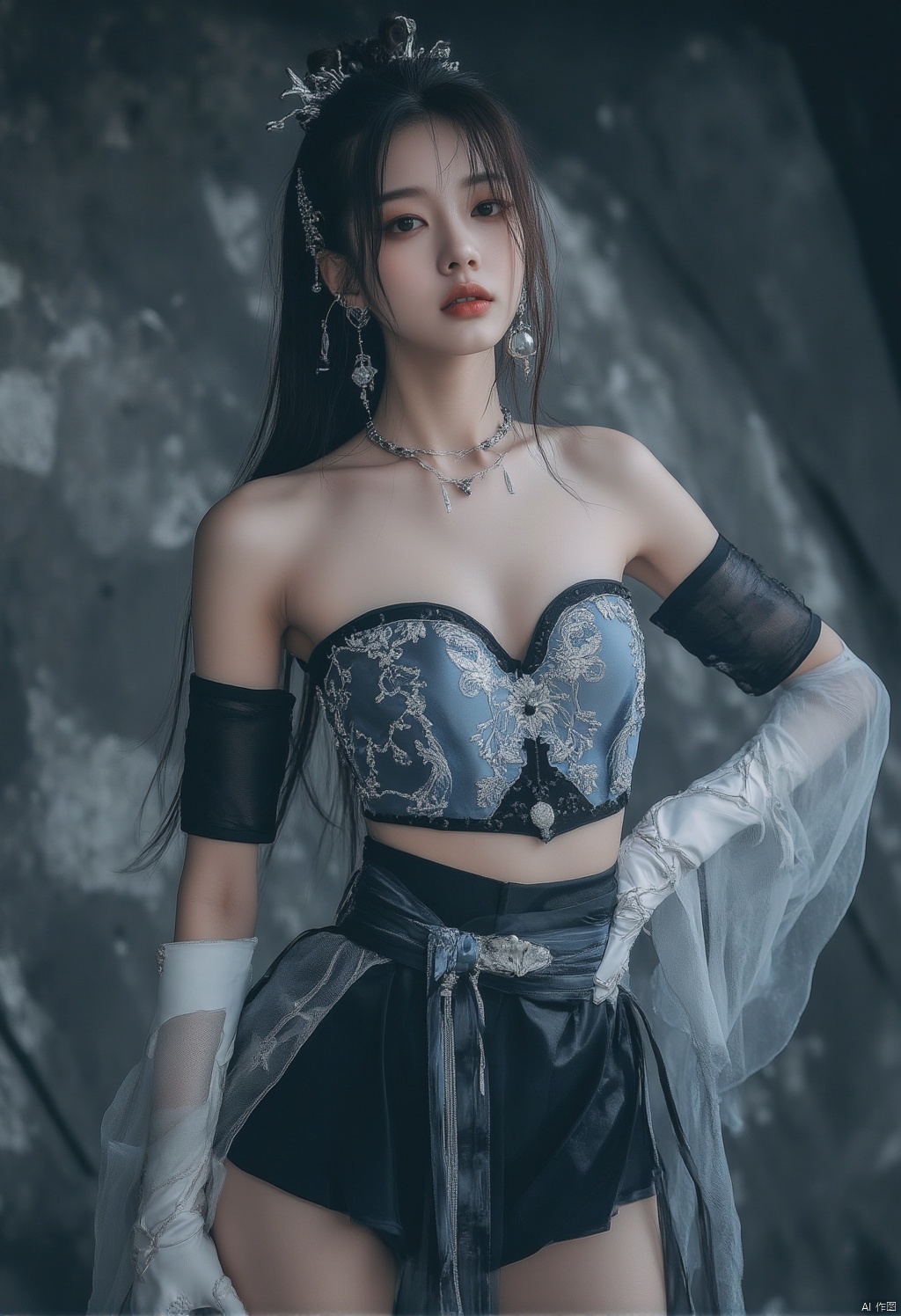 Trendy Chinese clothing,a model stands in front of a backdrop of a white curtain. The model is dressed in a blue and black bra,adorned with white embroidery. She is wearing a pair of white gloves,and a black skirt. Her hair is pulled back in a ponytail,and she is adorned with earrings and a headband. The backdrop is dark,creating a stark contrast to the model's outfit.