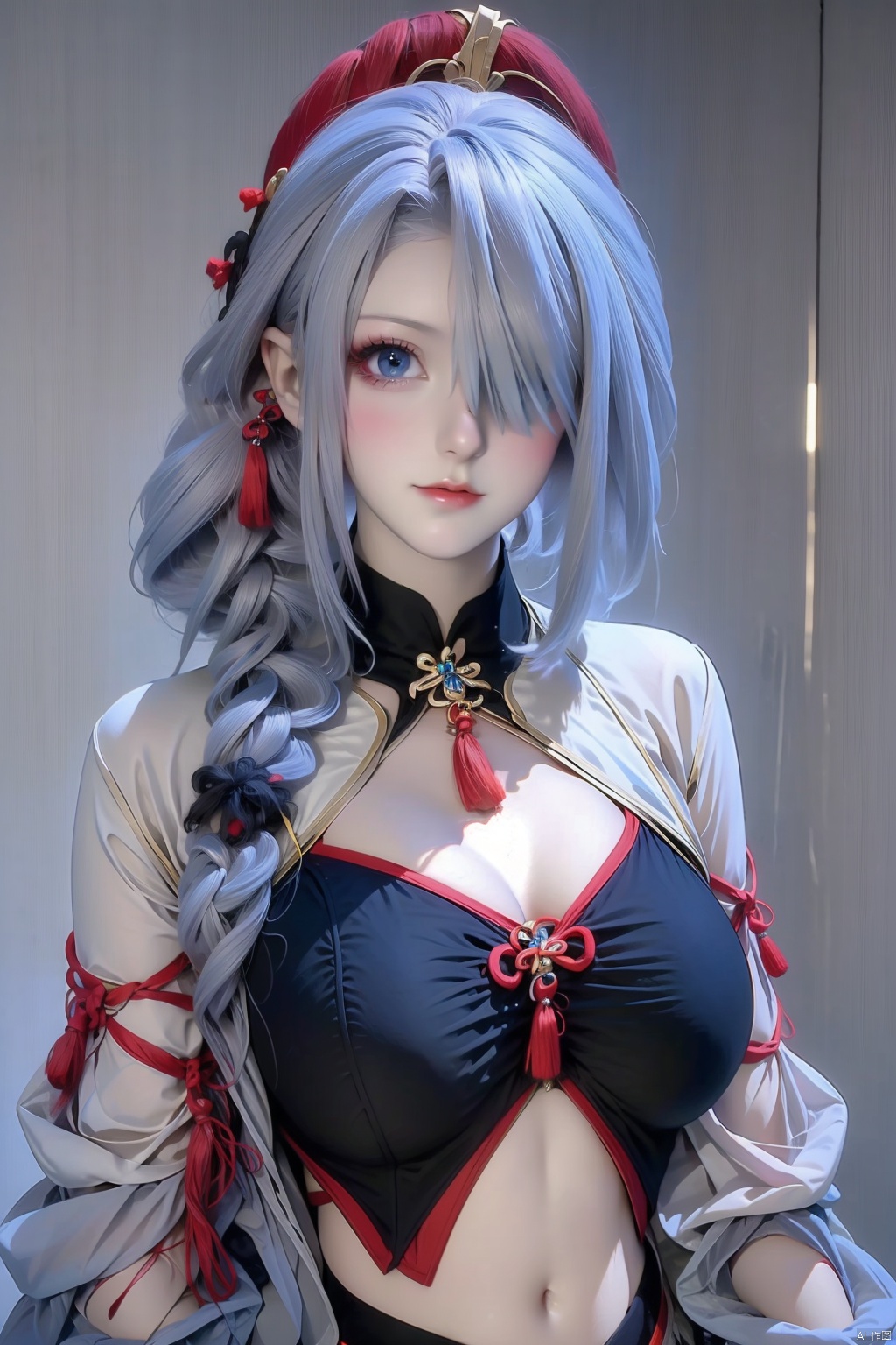 1girl solo long hair breasts looking at viewer bangs blue eyes medium breasts closed mouth upper body braid grey hair hair over one eye lips crop top grey eyes clothing cutout tassel shenhe \(genshin impact\)