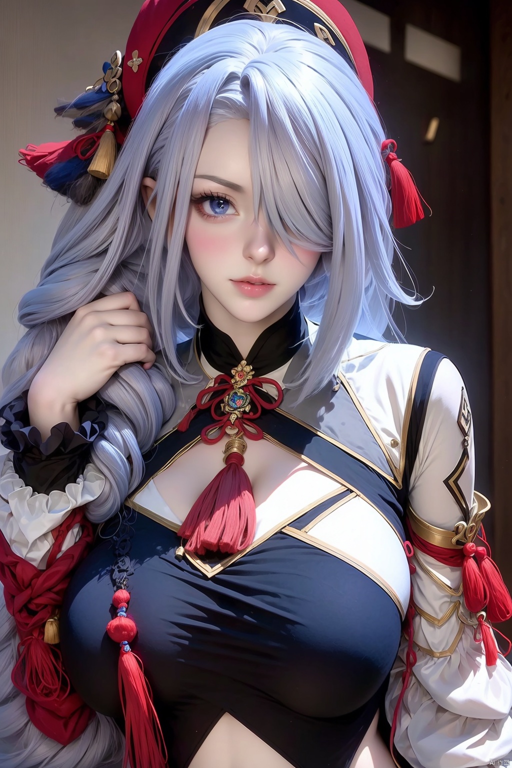 1girl solo long hair breasts looking at viewer bangs blue eyes medium breasts closed mouth upper body braid grey hair hair over one eye lips crop top grey eyes clothing cutout tassel shenhe \(genshin impact\)