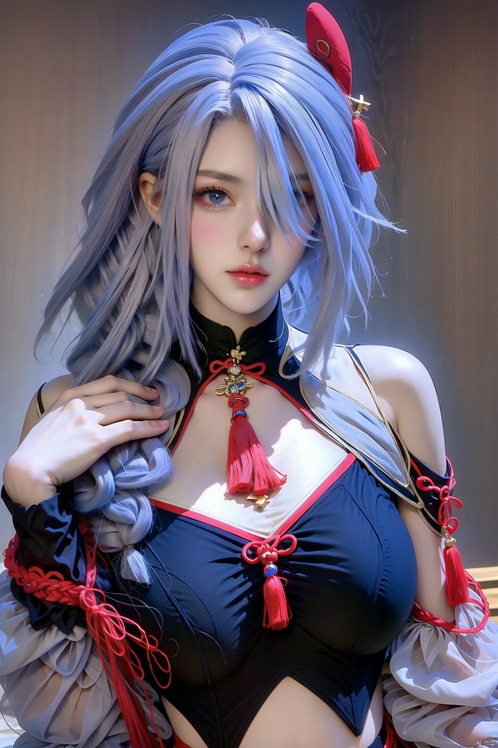 1girl solo long hair breasts looking at viewer bangs blue eyes medium breasts closed mouth upper body braid grey hair hair over one eye lips crop top grey eyes clothing cutout tassel shenhe \(genshin impact\)