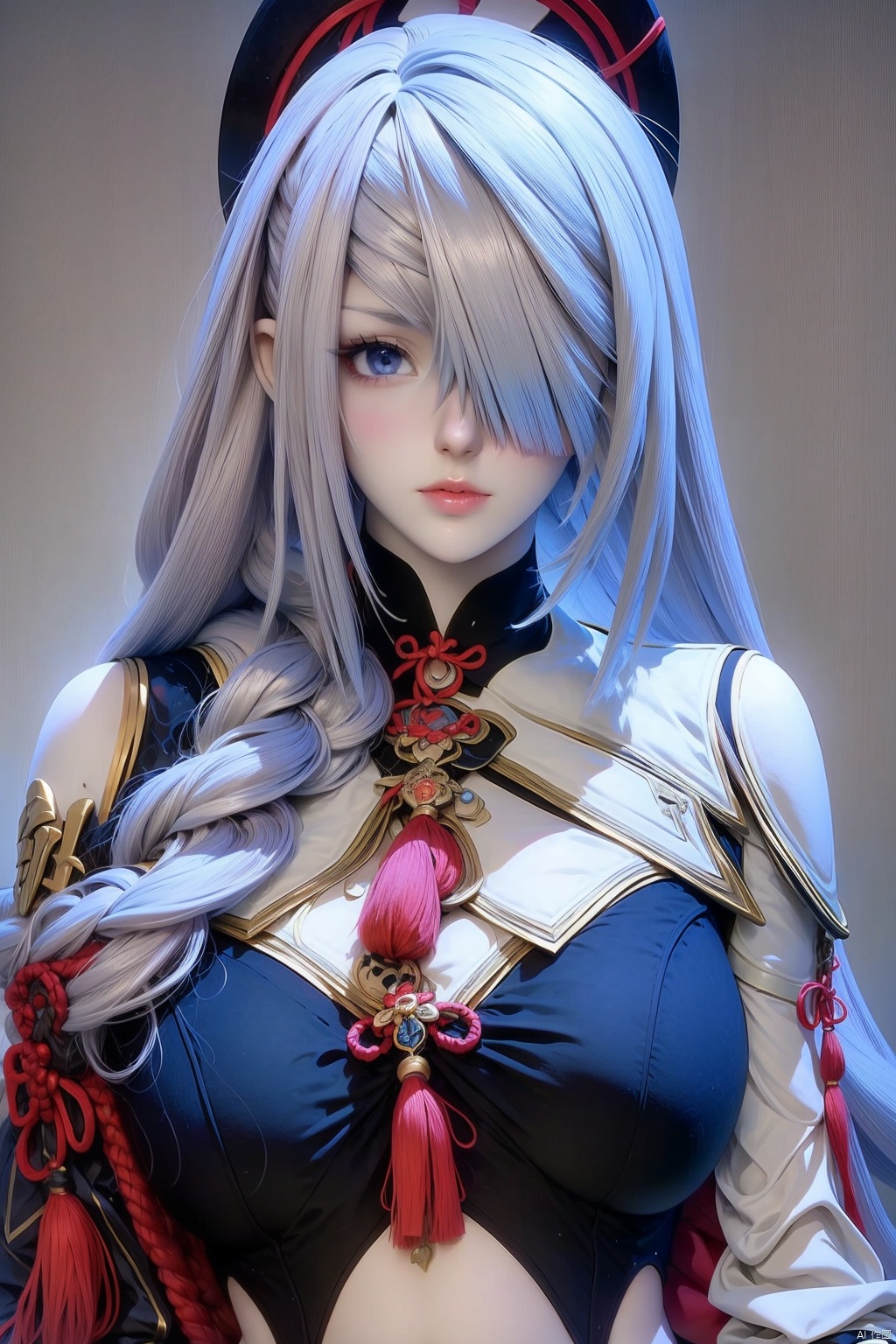 1girl solo long hair breasts looking at viewer bangs blue eyes medium breasts closed mouth upper body braid grey hair hair over one eye lips crop top grey eyes clothing cutout tassel shenhe \(genshin impact\)