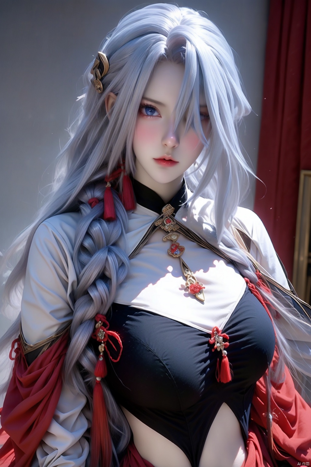 1girl solo long hair breasts looking at viewer bangs blue eyes medium breasts closed mouth upper body braid grey hair hair over one eye lips crop top grey eyes clothing cutout tassel shenhe \(genshin impact\)