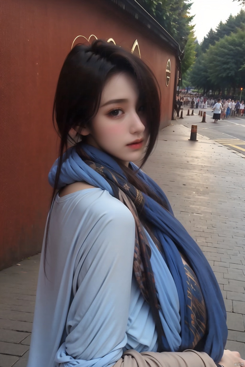 1girl
solo
long hair
looking at viewer
shirt
black hair
outdoors
solo focus
day
hair over one eye
lips
window
realistic


