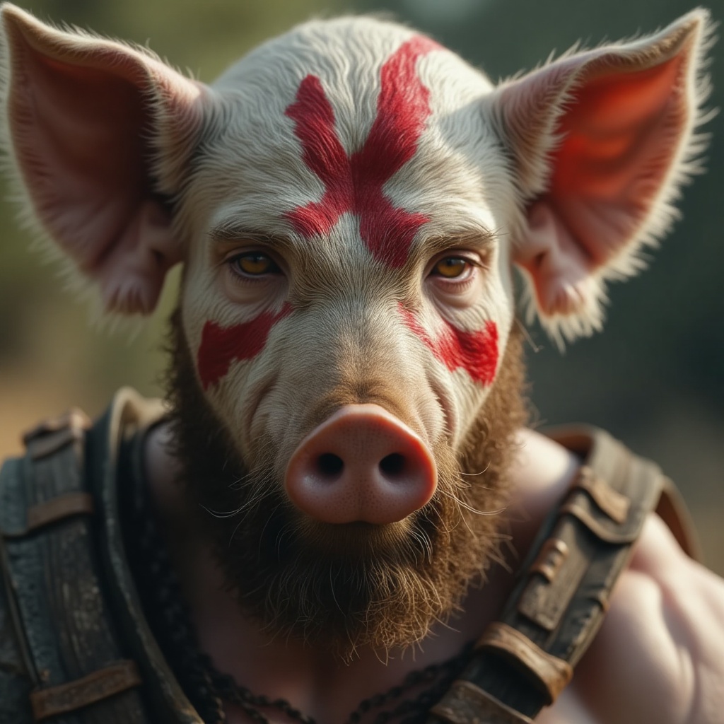 human-animal hybrid face,  a close-up shot of a kratos god of war with a pig,  dominant equivalent gene. the background is...