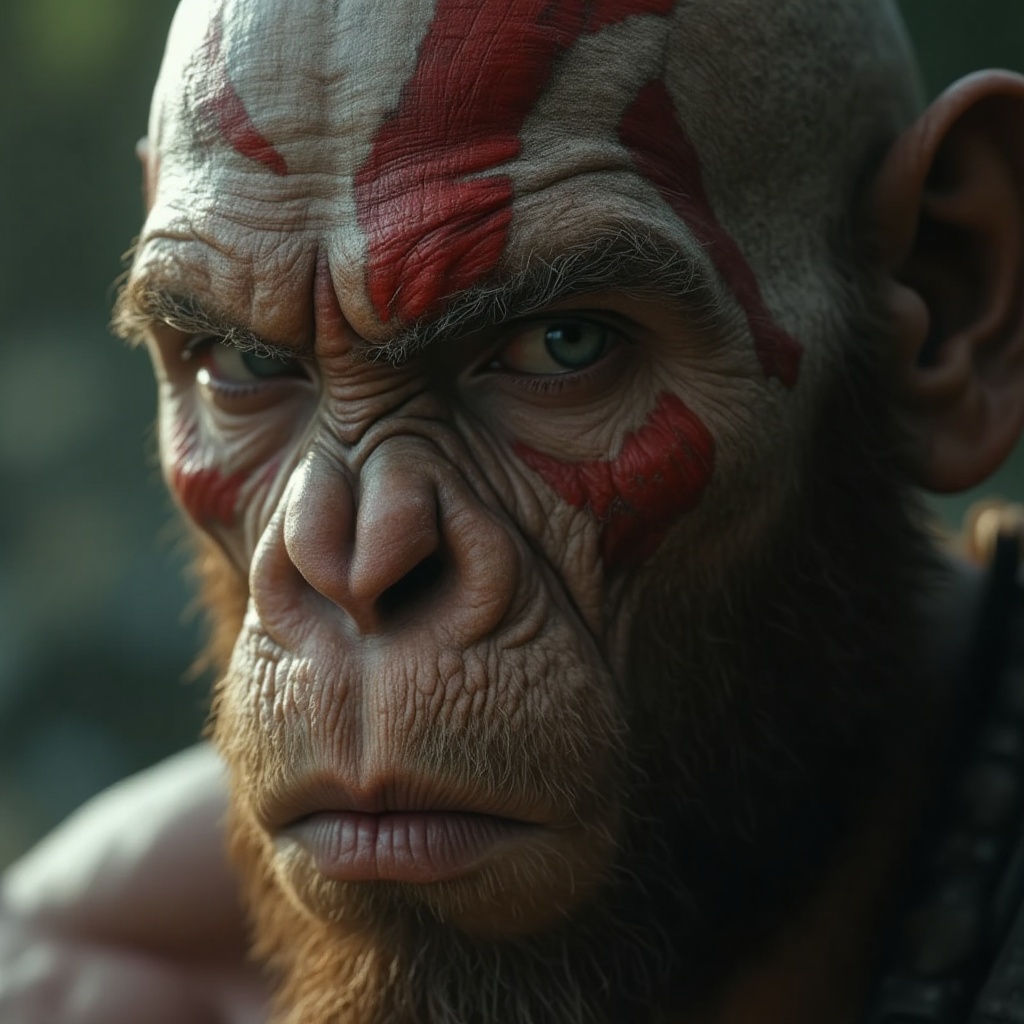 human-animal hybrid face,  a close-up shot of a (kratos god of war) with a monkey,  dominant equivalent gene. the backgrou...