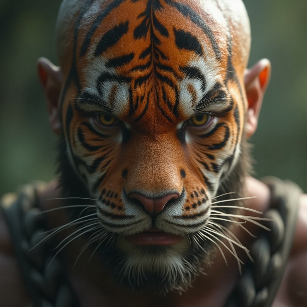 human-animal hybrid face,  a close-up shot of a (kratos god of war) with a tiger,  dominant equivalent gene. the backgroun...