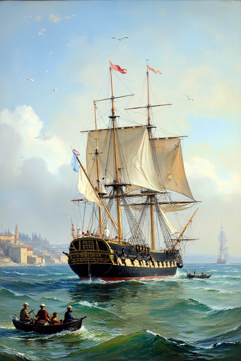 "An 18th-century maritime scene depicting a large wooden sailing ship with tall masts and full white sails in calm waters....