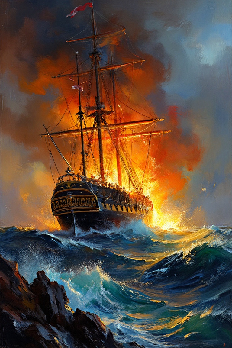 "A dramatic naval battle scene depicting a large wooden sailing ship engulfed in flames,  with dark smoke billowing into t...