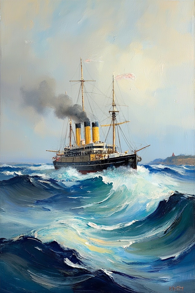 "A painting of a 19th-century steamship in a stylized,  minimalistic maritime scene. The ship is depicted with a black hul...