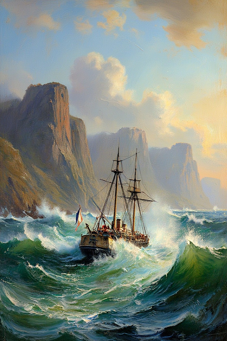 "A dramatic maritime scene featuring a 19th-century steamship navigating through rough seas with large,  churning waves. T...