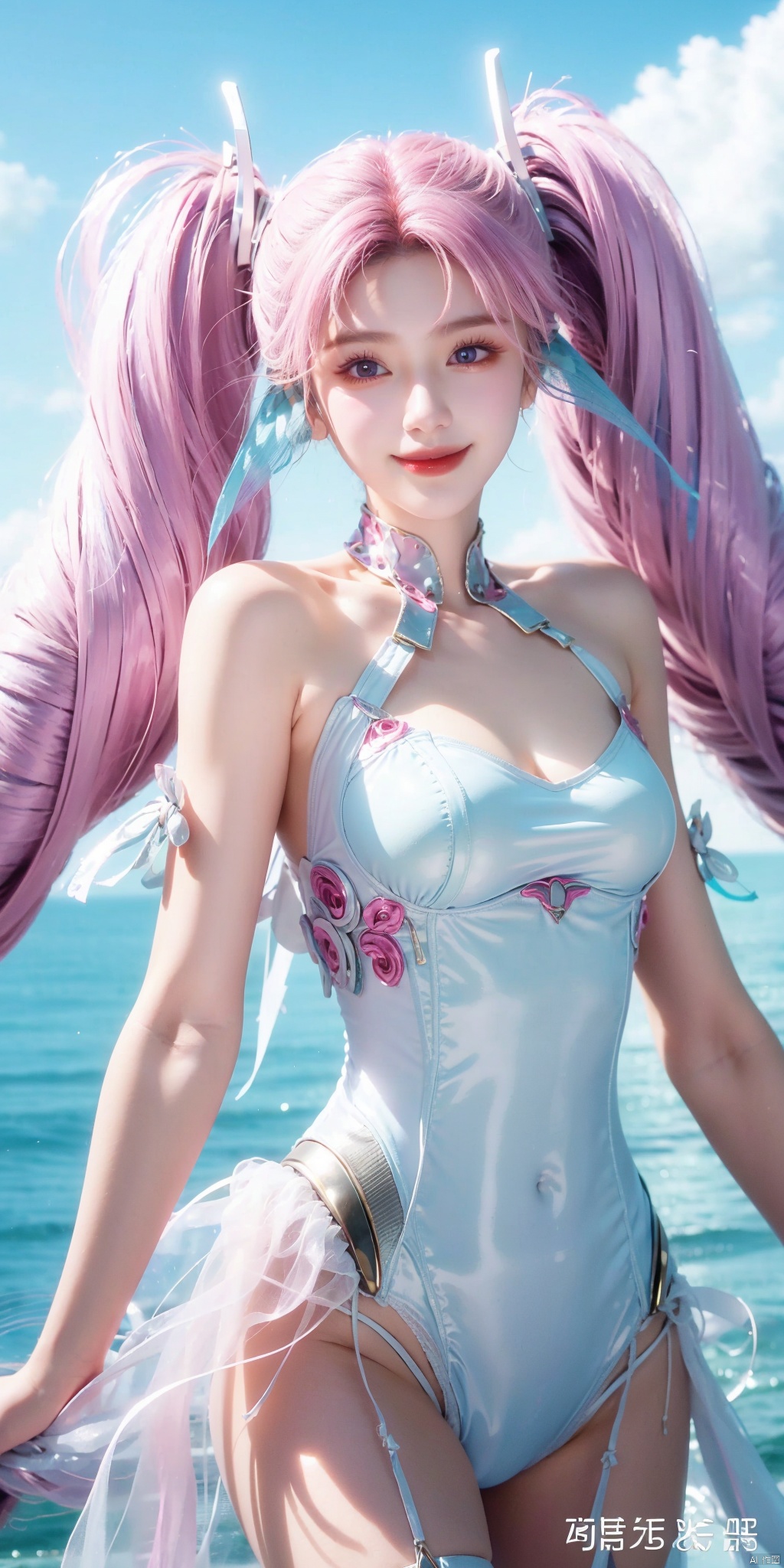 best quality, masterpiece, realistic,cowboy short,(Good structure), DSLR Quality,Depth of field,kind smile,looking_at_viewer,Dynamic pose, , Blue sky and white clouds on the beach,Masterpiece, (ultra wide angle lens: 1.2), Unity8k wallpaper, best quality, (detail shadow: 1.1), a beautiful girl, on a sea of light blue silk, translucent silk, floating light blue silk, surrealist style, minimalism, highly detailed texture, light blue, white clean background, CG rendering, light passing through clouds, 8k resolution, (motion photo: 1.2), (Fidelity: 1.4), original photos, movie lighting, 1girl,, , ,kind smile, , weddingdress,aichen,pink hair,twintails,purple eyes