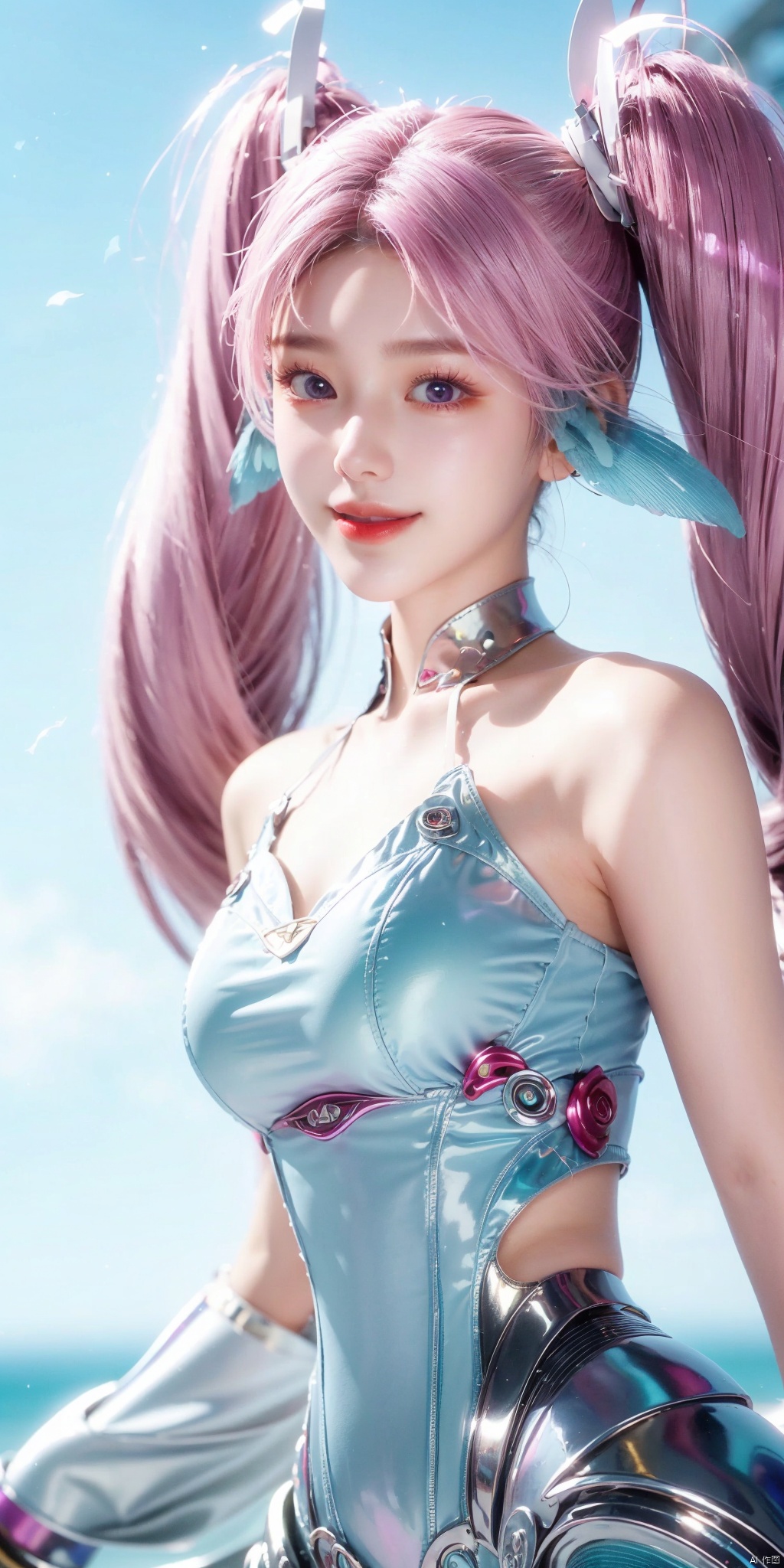 best quality, masterpiece, realistic,cowboy short,(Good structure), DSLR Quality,Depth of field,kind smile,looking_at_viewer,Dynamic pose, , Blue sky and white clouds on the beach,Masterpiece, (ultra wide angle lens: 1.2), Unity8k wallpaper, best quality, (detail shadow: 1.1), a beautiful girl, on a sea of light blue silk, translucent silk, floating light blue silk, surrealist style, minimalism, highly detailed texture, light blue, white clean background, CG rendering, light passing through clouds, 8k resolution, (motion photo: 1.2), (Fidelity: 1.4), original photos, movie lighting, 1girl,, , ,kind smile, , weddingdress,aichen,pink hair,twintails,purple eyes