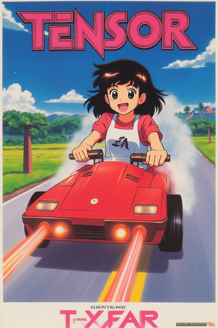 1986 Japanese anime movie poster featuring TENSOR ART,  a girl riding a car on a road with a cheerful smile. The poster sh...