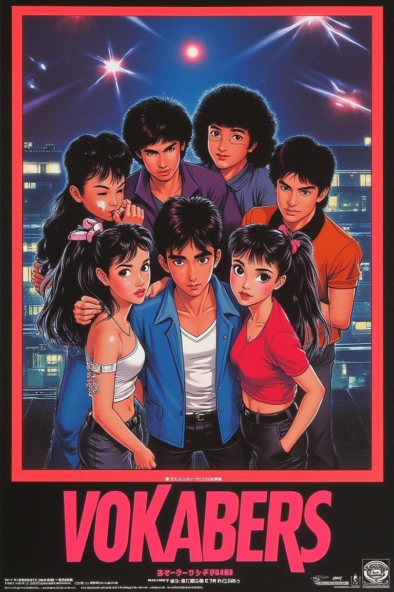 1986 Japanese anime movie poster featuring VOKABERS,  a group of people in casual wear,  standing together in a dynamic po...