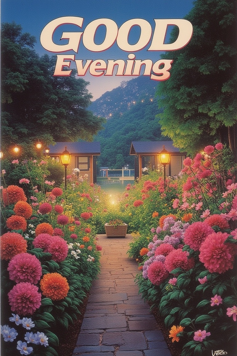 1986 Japanese anime movie poster titled GOOD EVENING,  featuring a serene garden full of vibrant flowers. The poster showc...