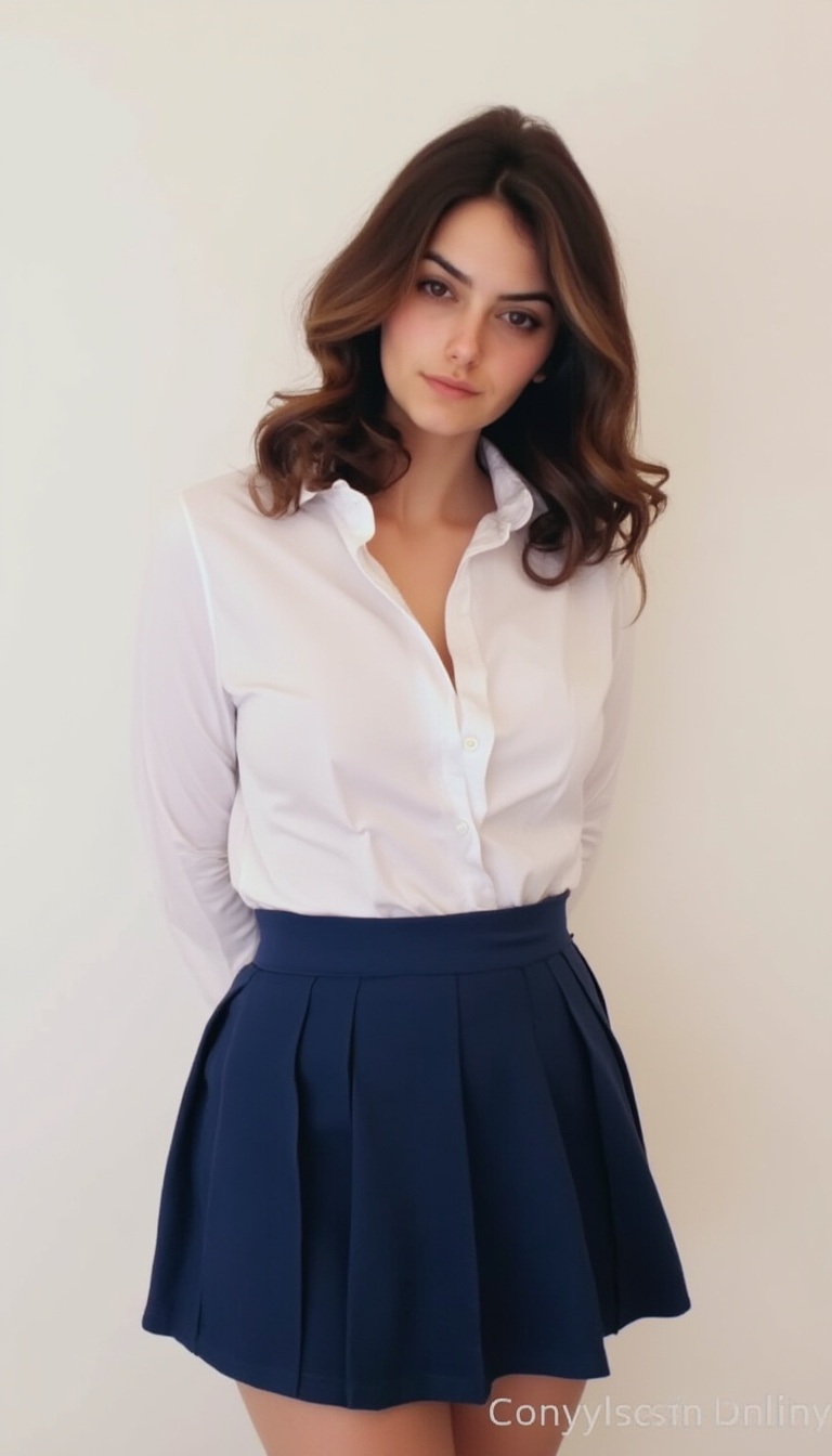 woman,  natural breasts,  wearing white shirt and navy mini pleated skirt simple background on Tensor.Art