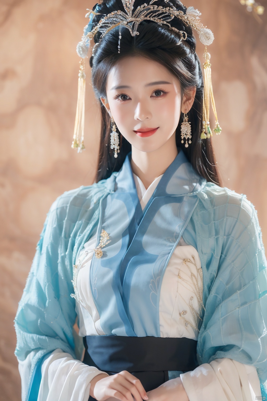 1girl,hanfu,realistic,long hair,hair ornament,long sleeves,blurry background,chinese clothes,brown hair,solo,blurry,upper body,black hair,holding,dress,closed mouth,solo focus,smile,