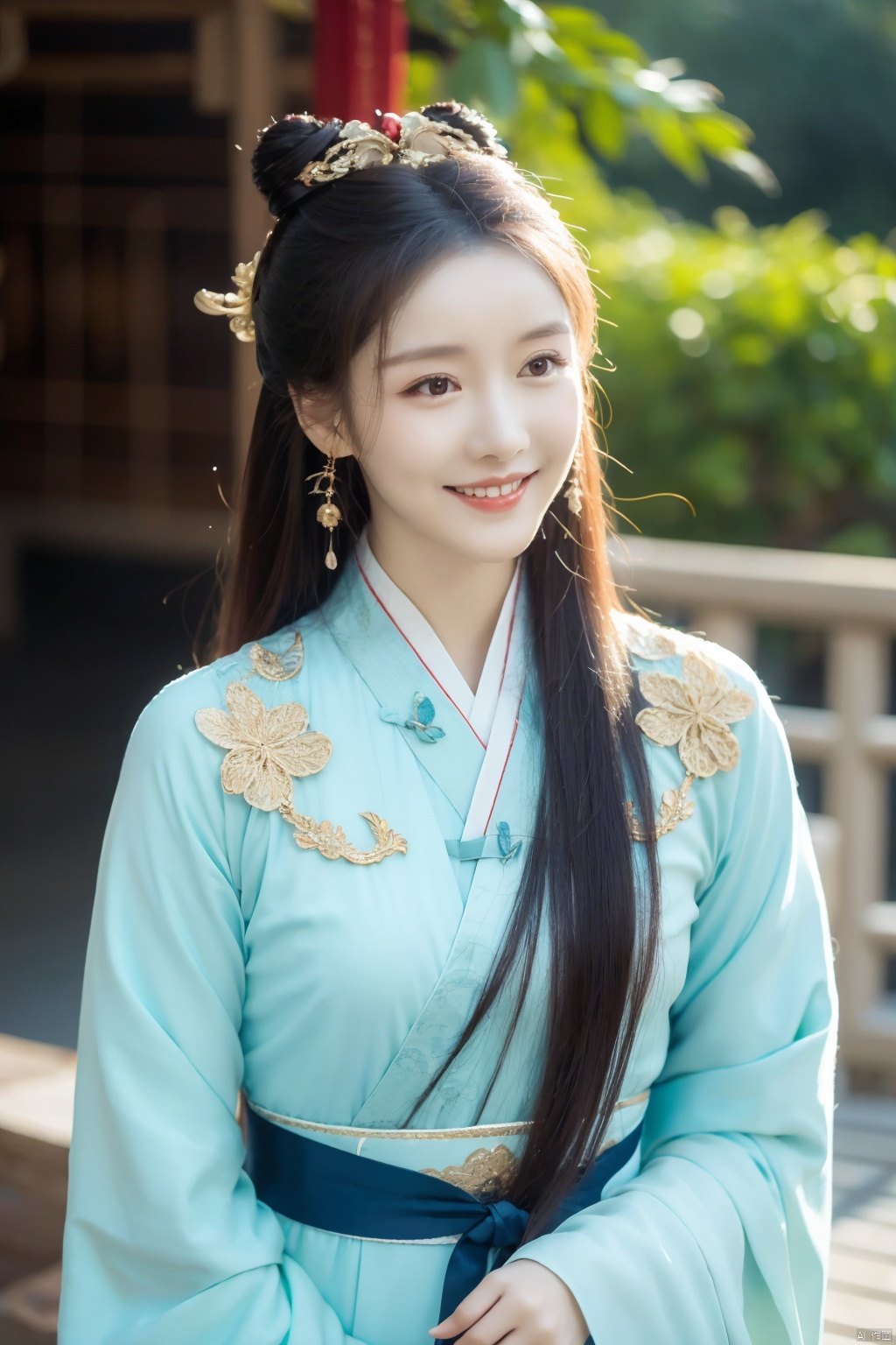 1girl,hanfu,realistic,long hair,hair ornament,long sleeves,blurry background,chinese clothes,brown hair,solo,blurry,upper body,black hair,holding,dress,closed mouth,solo focus,smile,