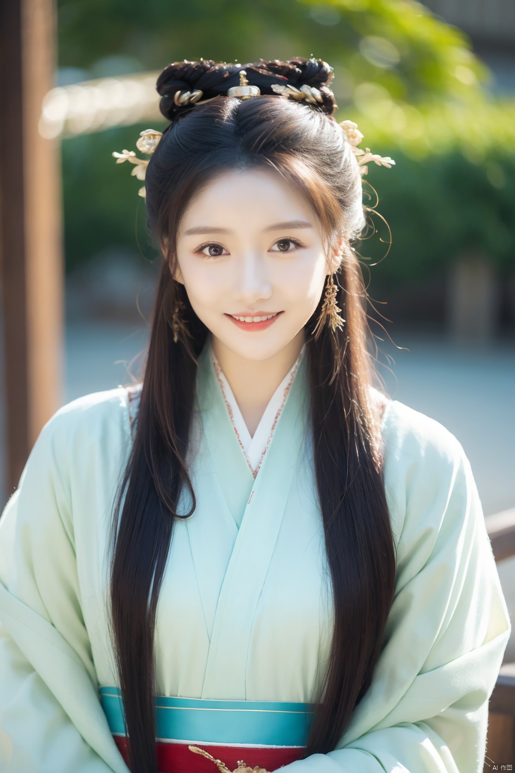 1girl,hanfu,realistic,long hair,hair ornament,long sleeves,blurry background,chinese clothes,brown hair,solo,blurry,upper body,black hair,holding,dress,closed mouth,solo focus,smile,