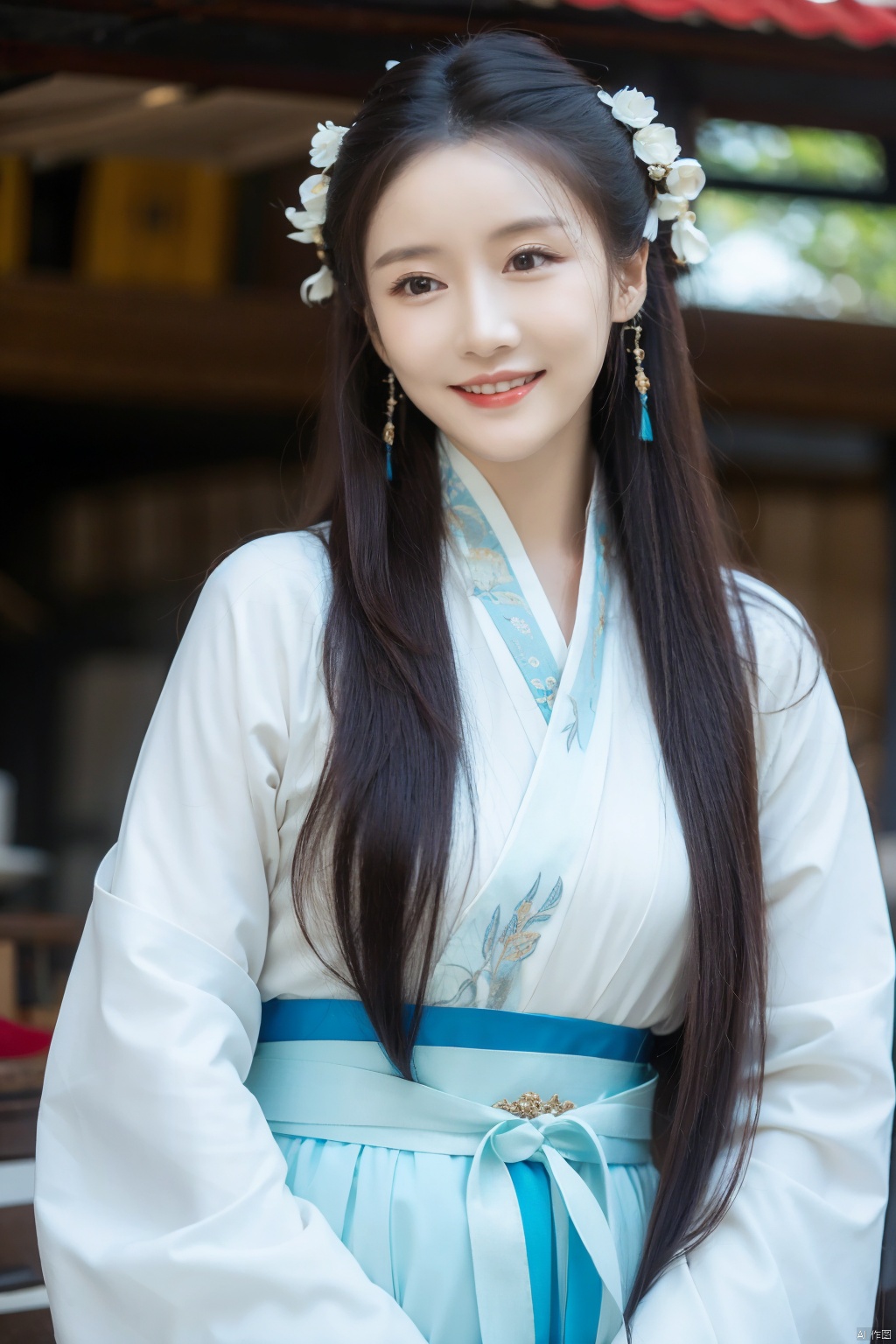 1girl,hanfu,realistic,long hair,hair ornament,long sleeves,blurry background,chinese clothes,brown hair,solo,blurry,upper body,black hair,holding,dress,closed mouth,solo focus,smile,