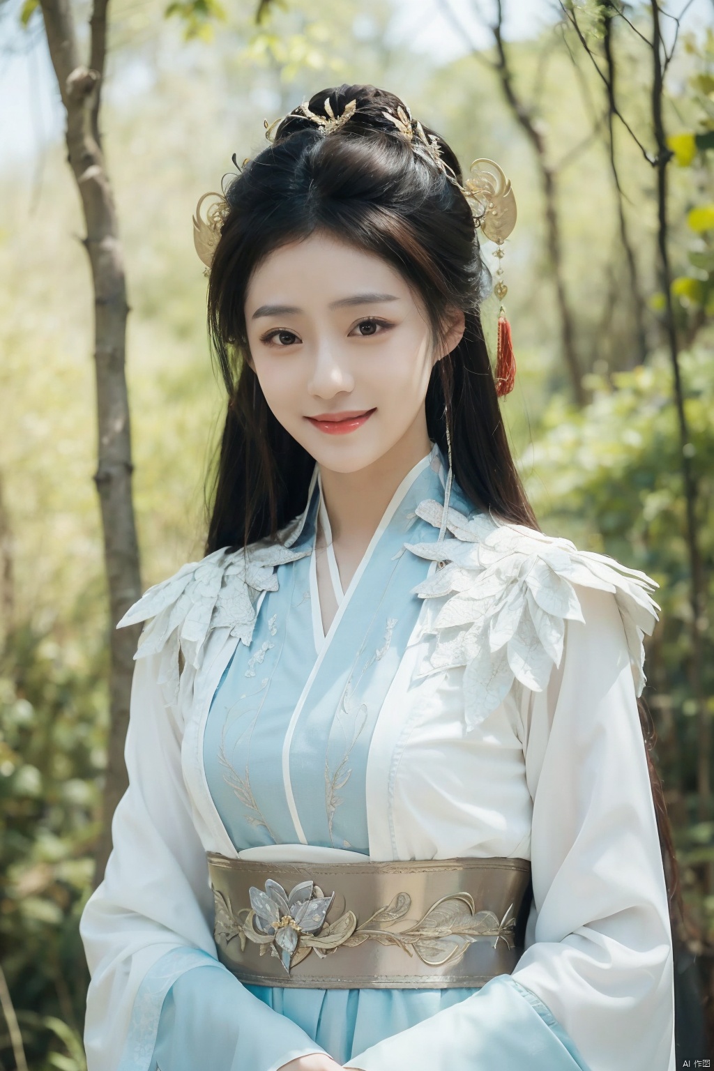 1girl,hanfu,realistic,long hair,hair ornament,long sleeves,blurry background,chinese clothes,brown hair,solo,blurry,upper body,black hair,holding,dress,closed mouth,solo focus,smile,