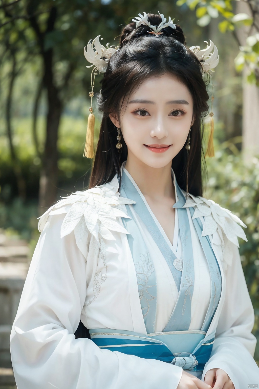 1girl,hanfu,realistic,long hair,hair ornament,long sleeves,blurry background,chinese clothes,brown hair,solo,blurry,upper body,black hair,holding,dress,closed mouth,solo focus,smile,