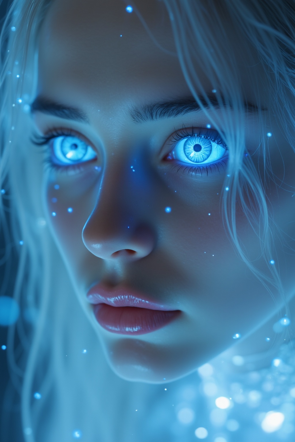 ethereal alien,  piercing blue eyes that seem to glow with an inner light. Her long,  ethereal light. Her skin is a pale o...