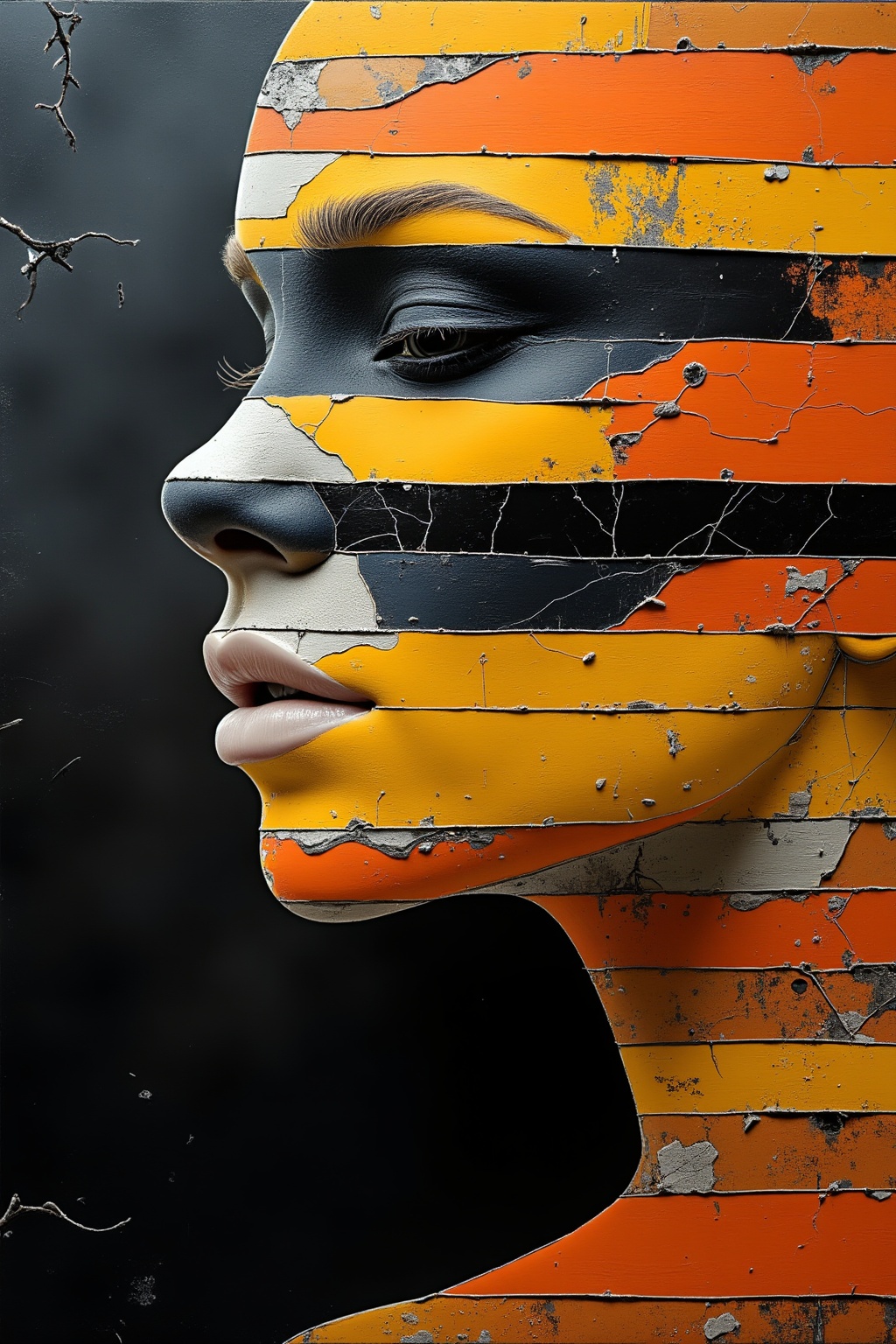 A digital abstract Portrait Dream art piece with a side profile of a woman's face. The face is made of horizontal layers o...