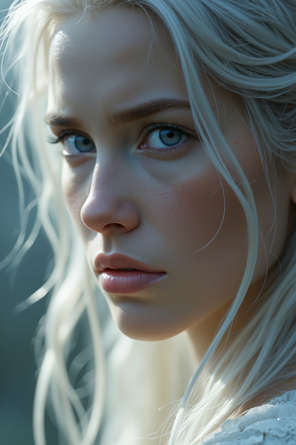 A stunning,  hyper-realistic close-up captures the face of a beautiful elven swordswoman,  poised for battle. Her intense...