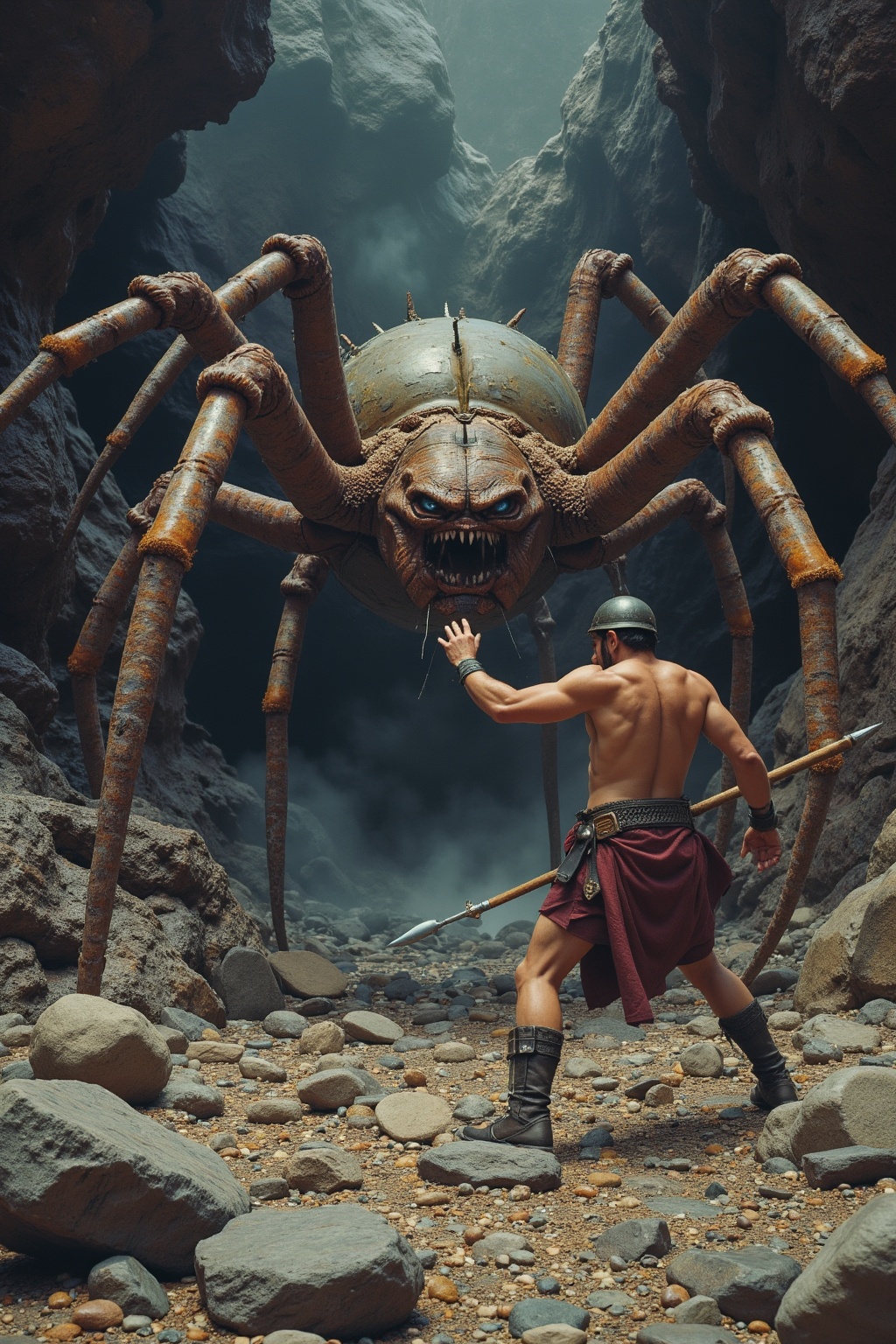 RetroSci style. A muscular warrior is attacking a giant spider like monster guarding a cave full of treasure. His spear is...