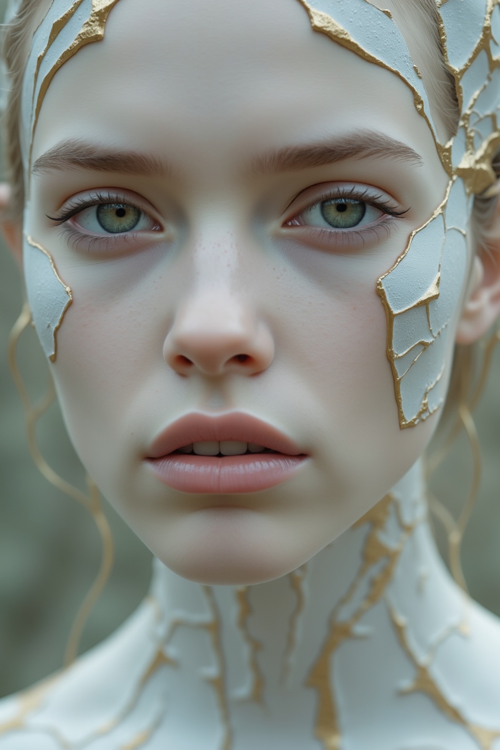 highly detailed,  photorealistic digital artwork featuring a young woman with an ethereal,  almost surreal aesthetic. The...