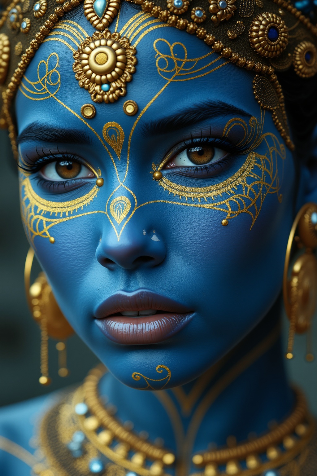 Imagine a hyper-detailed portrait of a woman with azure blue skin,  her face decorated with gold tribal patterns that swir...