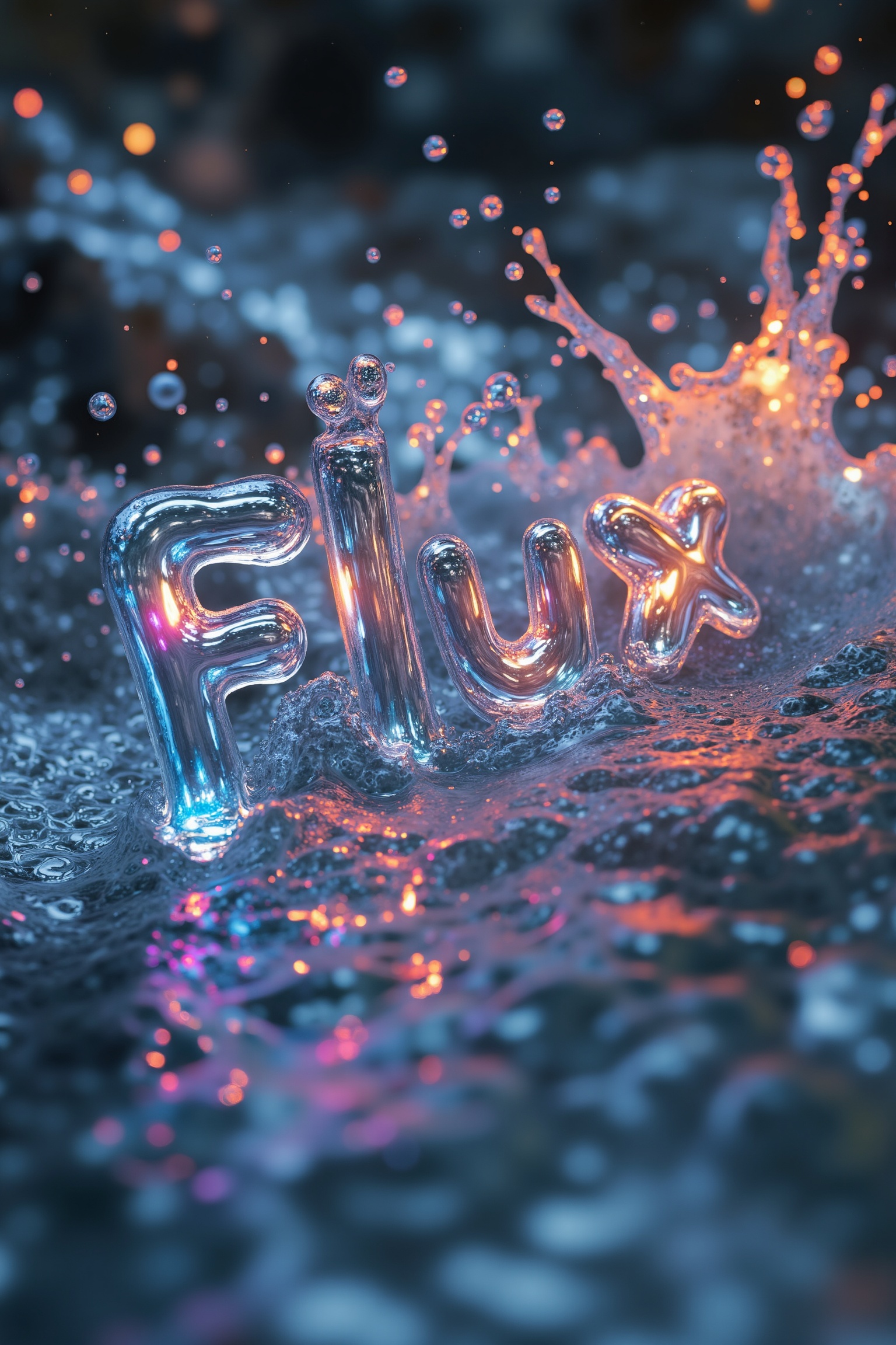 8K ultra-high detailed realistic image of flowing,  translucent water forming the word flux with rainbow-colored light eff...
