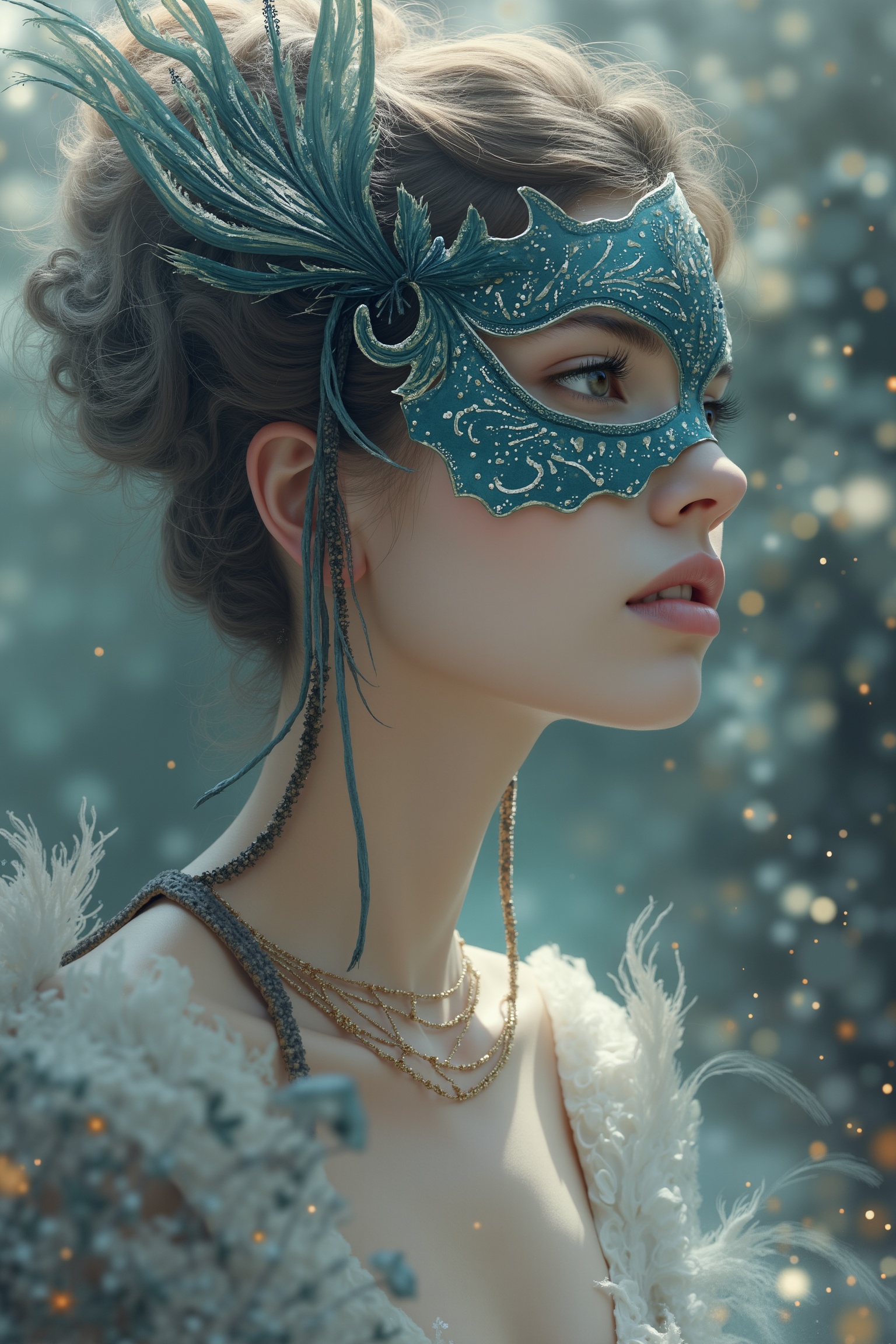 8K dreamy illustration in Aqua style,  featuring an enigmatic Egyptian siren wearing a delicate lacquerwork masquerade mas...