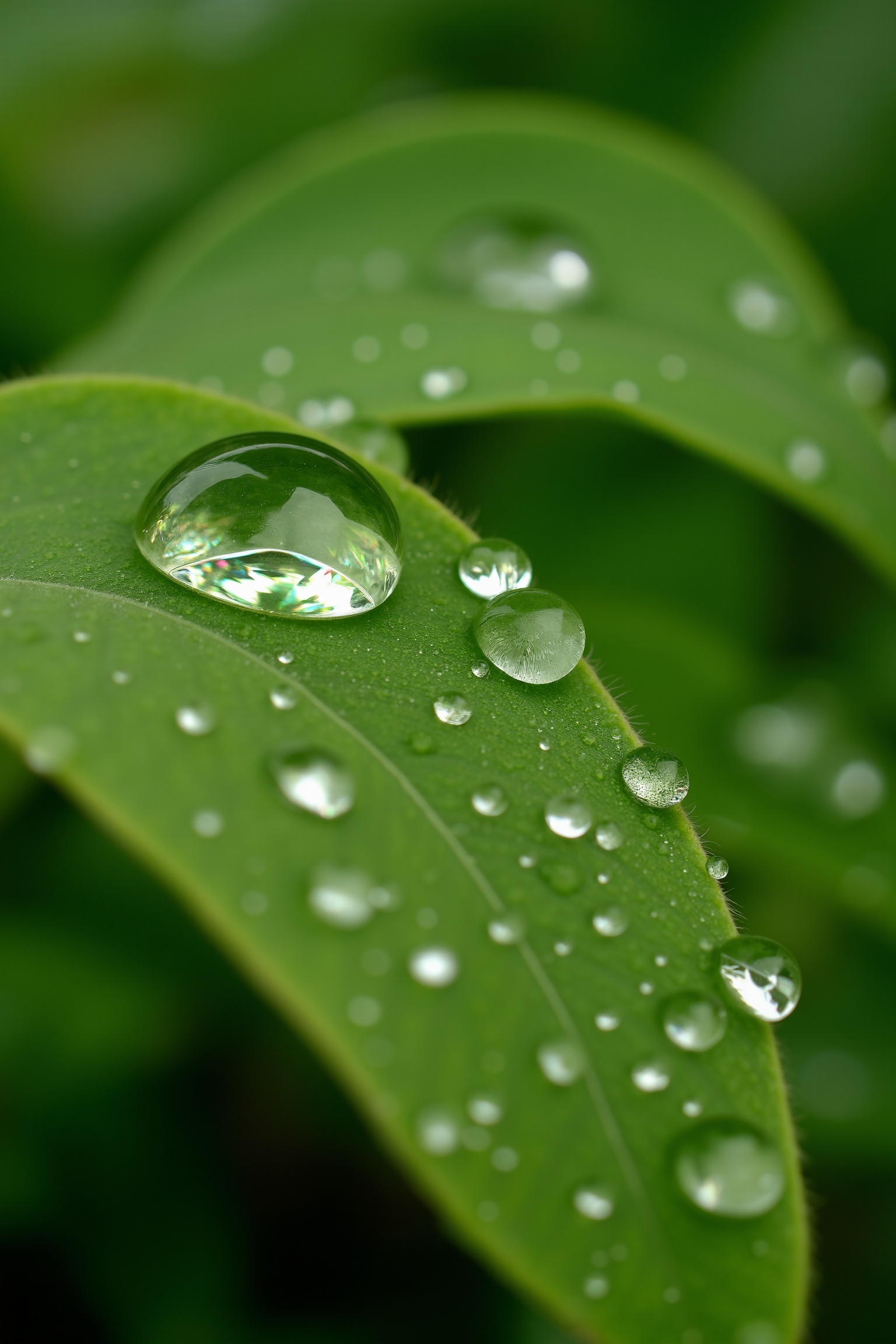 8K realistic image of micro droplets of dew on vibrant green leaves in a forest. The droplets are beautifully shaped,  spa...