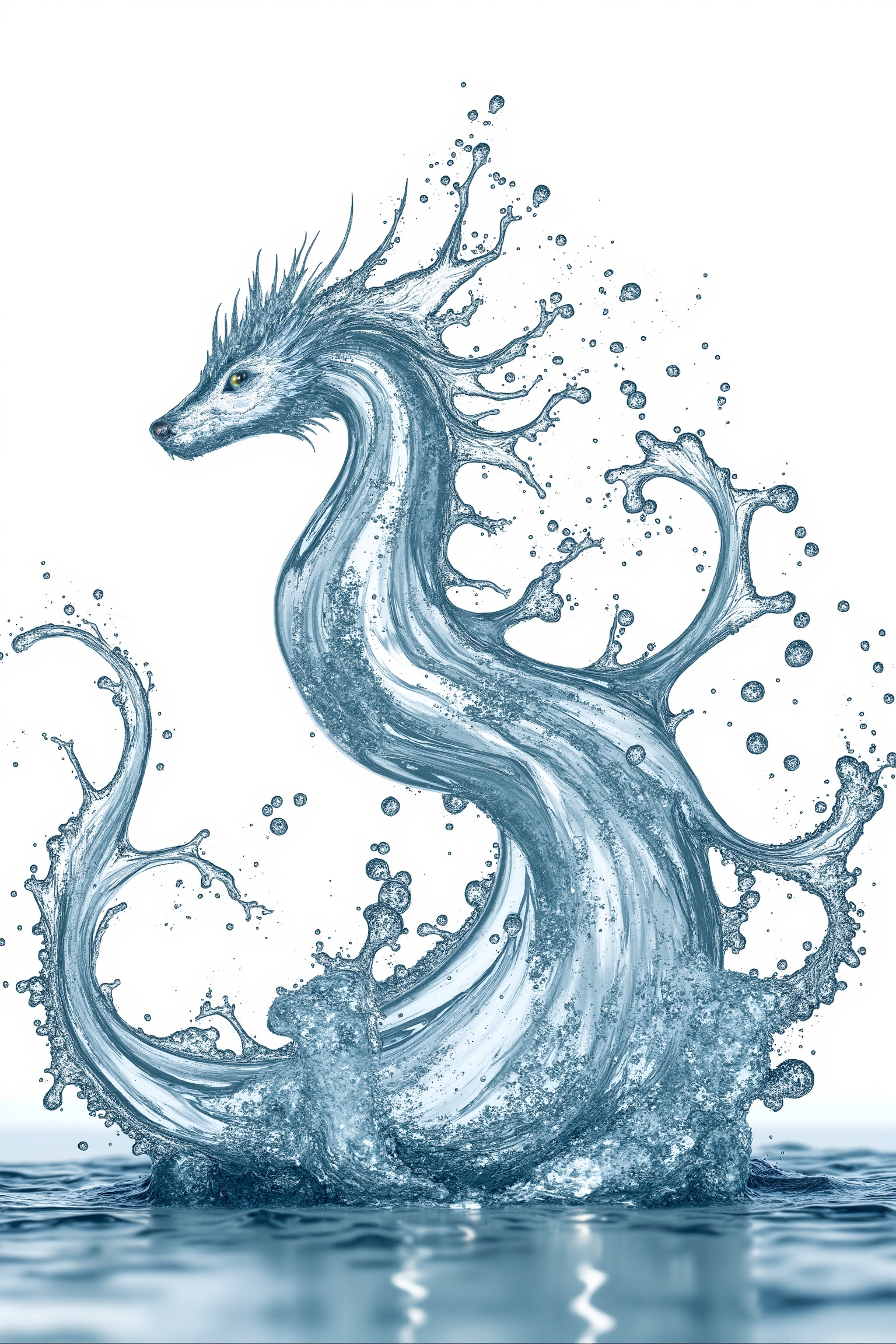 8K ultra-high detailed image of a nine-tailed fox-like monster formed from water. The monster is composed of dynamic water...