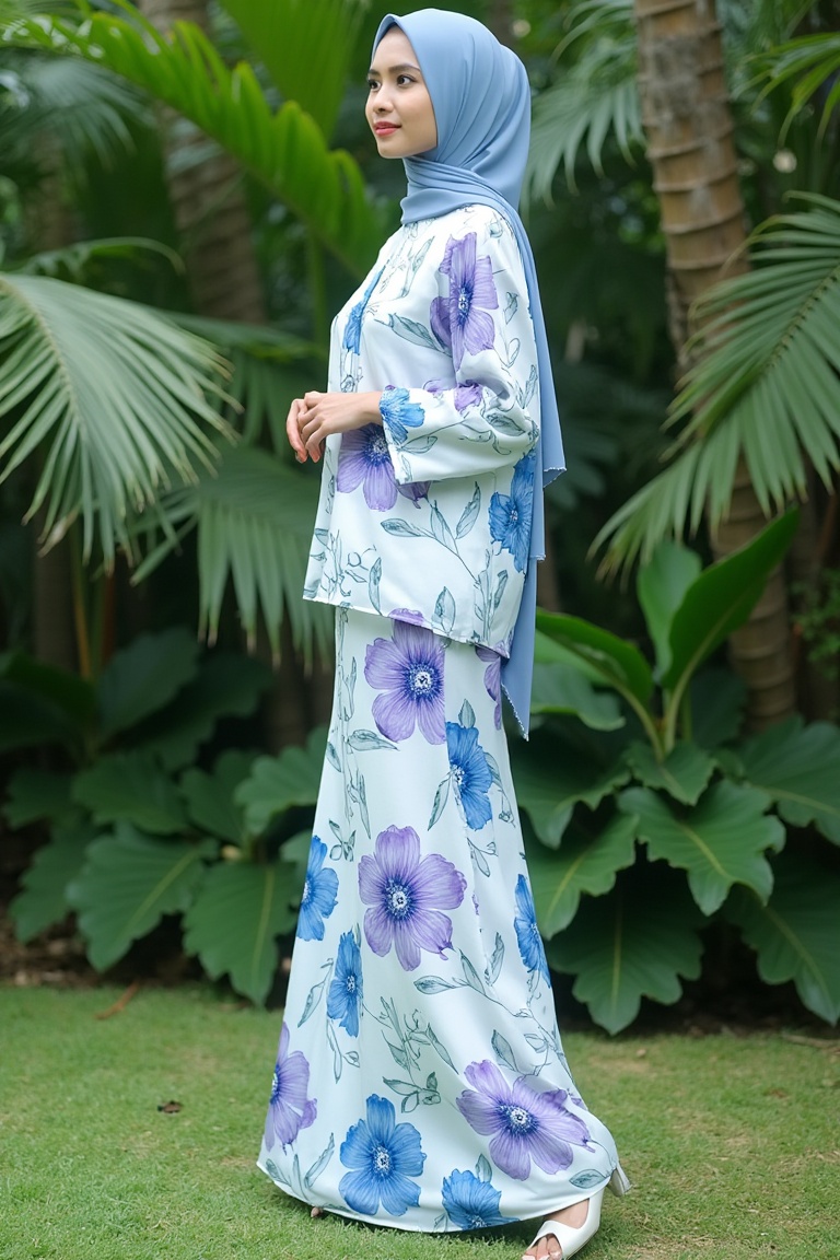 A photograph of a young Asian woman hijab standing outdoors in a lush garden. She has fair skin and hijab styled. She wear...