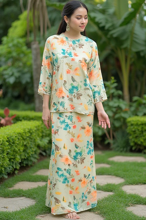 A photograph of a woman standing in a lush,  green garden. She wears a light beige,  long-sleeved blouse with colorful flo...