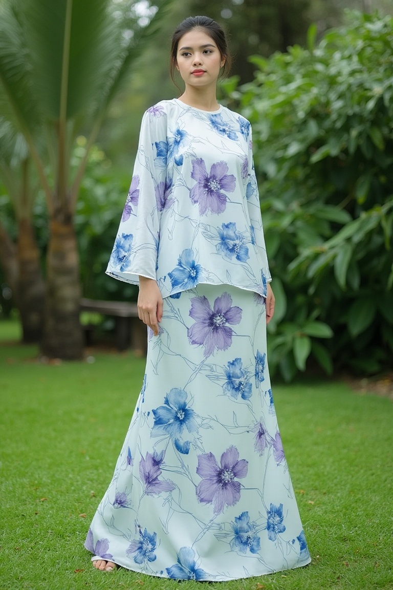A photograph of a young Asian woman standing outdoors in a lush garden. She has fair skin and dark hair styled in a bun. S...