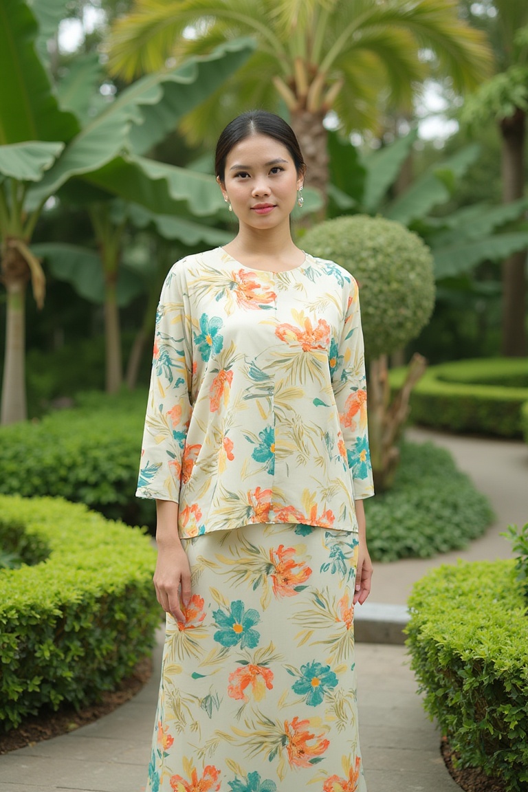 A photograph of a woman standing in a lush,  green garden. She wears a light beige,  long-sleeved blouse with colorful flo...