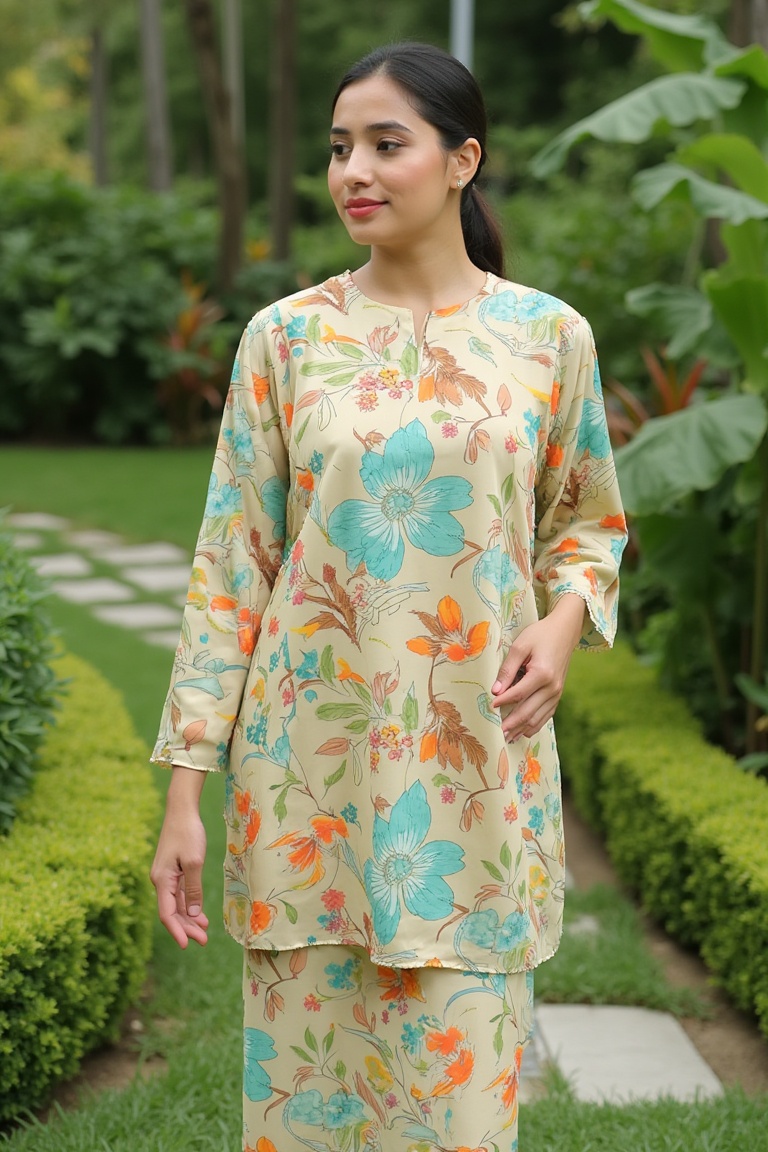 A photograph of a woman standing in a lush,  green garden. She wears a light beige,  long-sleeved blouse with colorful flo...