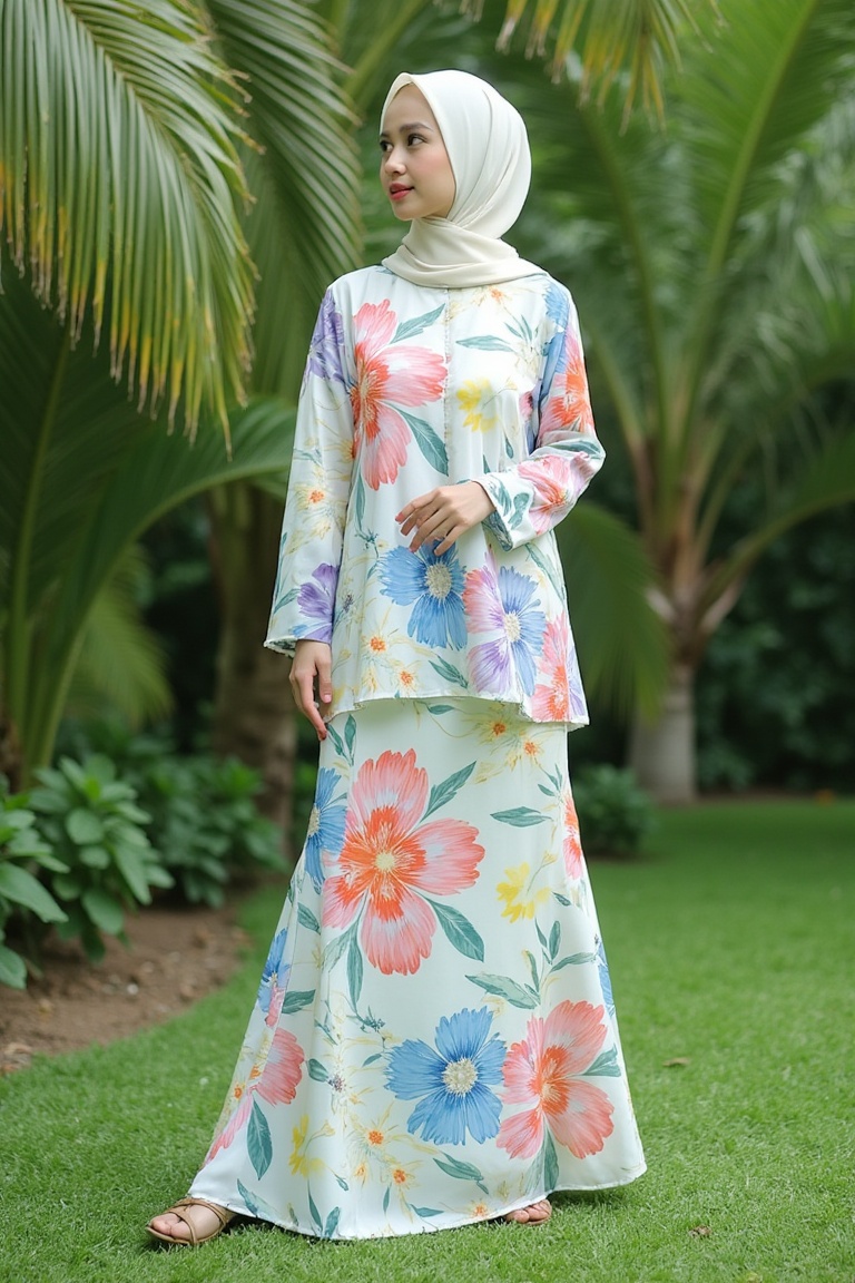 A photograph of a young Asian woman hijab standing outdoors in a lush garden. She has fair skin and hijab styled. She wear...