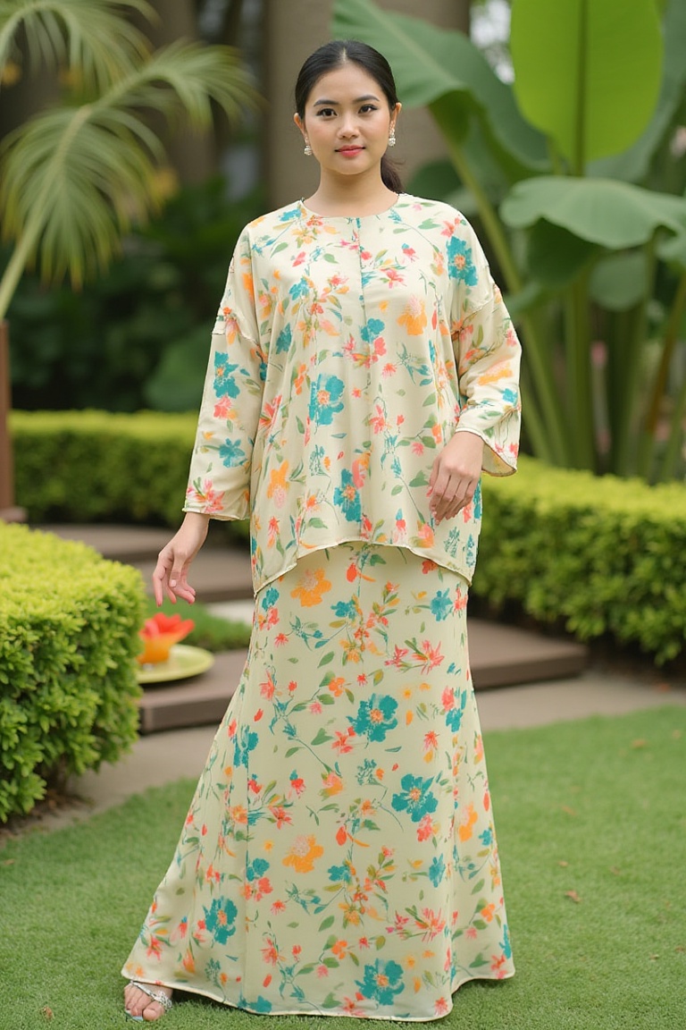 A photograph of a woman standing in a lush,  green garden. She wears a light beige,  long-sleeved blouse with colorful flo...
