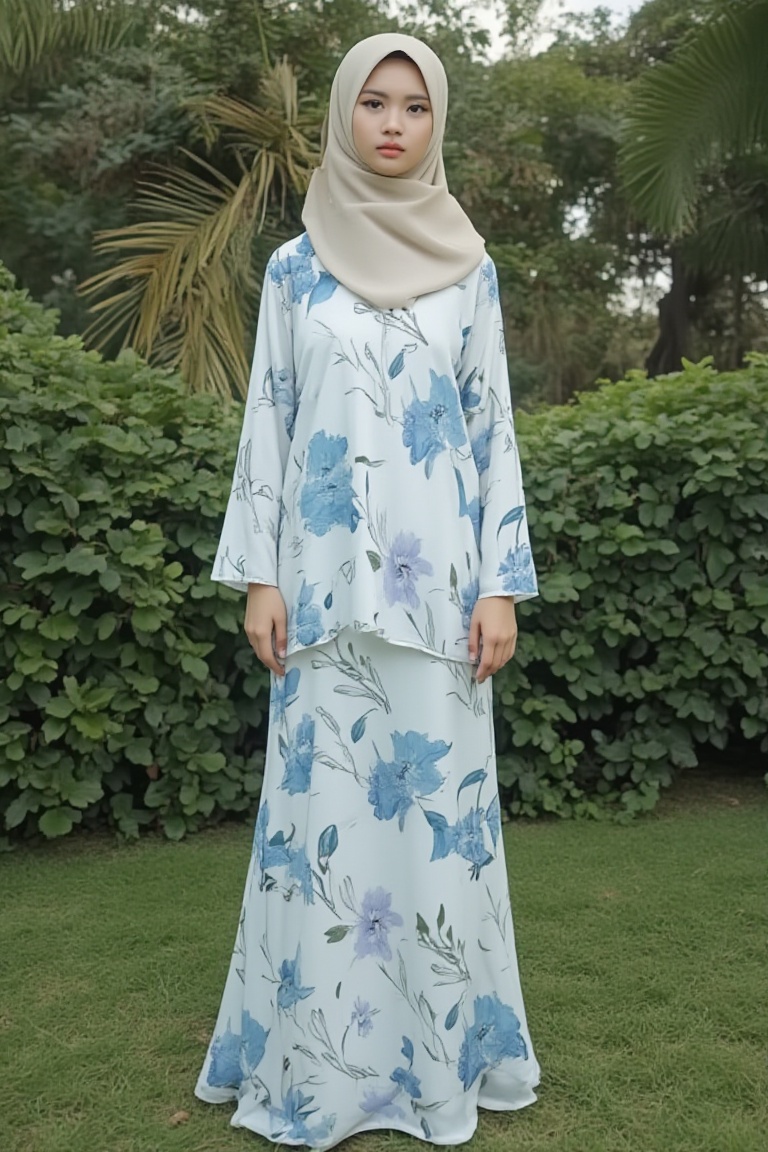 A photograph of a young Asian woman hijab standing outdoors in a lush garden. She has fair skin and hijab styled. She wear...