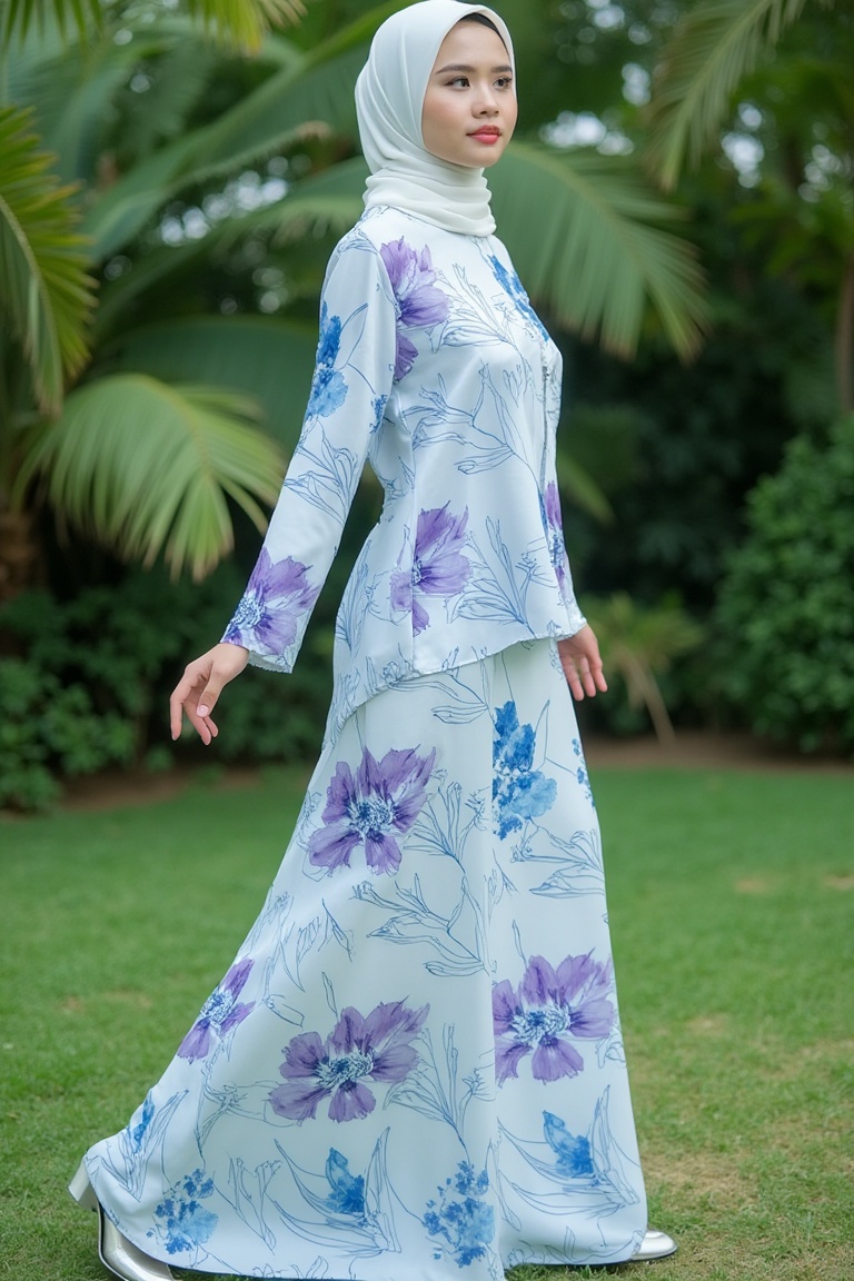 A photograph of a young Asian woman hijab standing outdoors in a lush garden. She has fair skin and hijab styled. She wear...